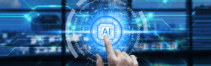 A hand tapping a glowing AI chip at the center of a futuristic digital interface with blue circuitry.