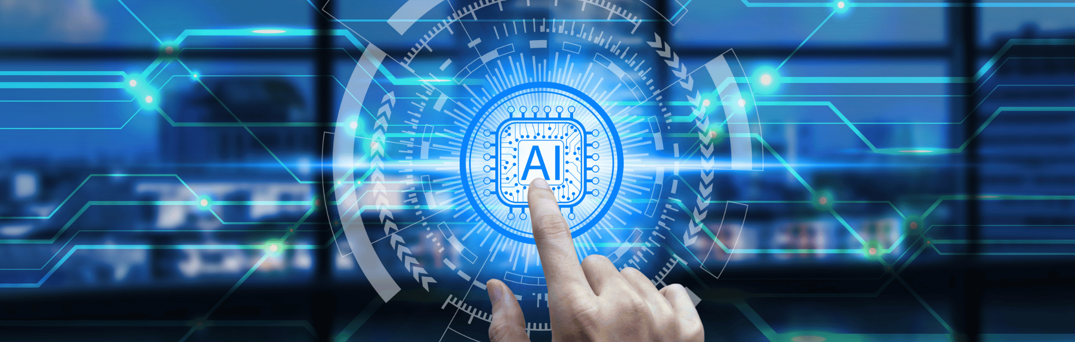 A hand tapping a glowing AI chip at the center of a futuristic digital interface with blue circuitry.