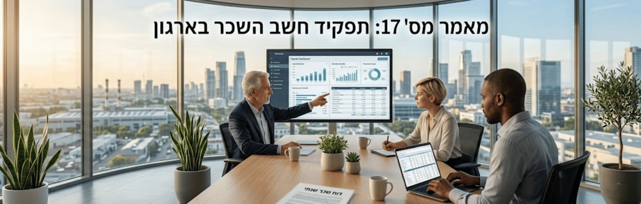 Business meeting in a glass-walled office with a presenter pointing at a payroll dashboard on a large screen.