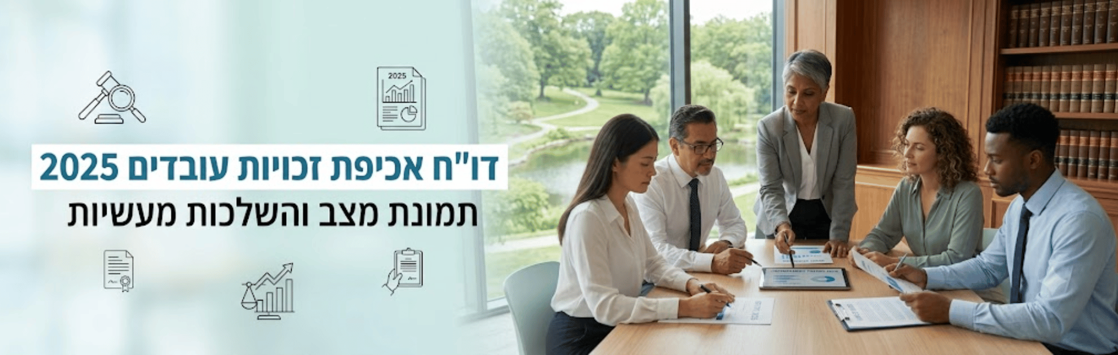קבוצת עובדים סביב שולחן ישיבות במשרד, עורכים מסמכים ודוחות תוך סביבה משרדית עם ספרים וחלון לגן