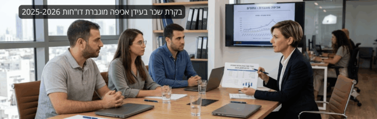Four colleagues sit at a conference table as a presenter in a dark blazer explains a chart on paper, with a laptop and documents nearby and a windowed office in the background, a Hebrew banner spans the top edge of the image.