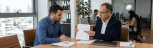 Two men in a business meeting review documents at a conference table in a modern office, with teammates in the background.