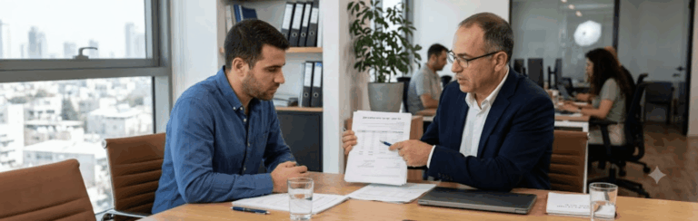 Two men in a business meeting review documents at a conference table in a modern office, with teammates in the background.