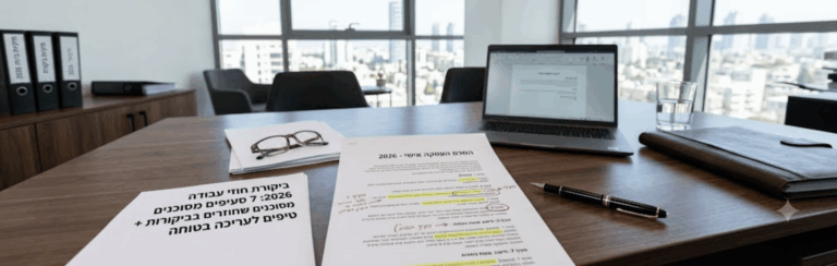 Office desk with documents, eyeglasses, a pen, and a laptop on a wooden table near a city view