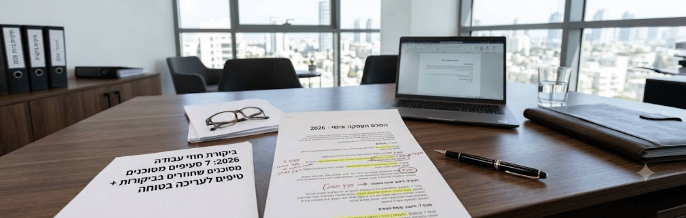 Office desk with documents, eyeglasses, a pen, and a laptop on a wooden table near a city view