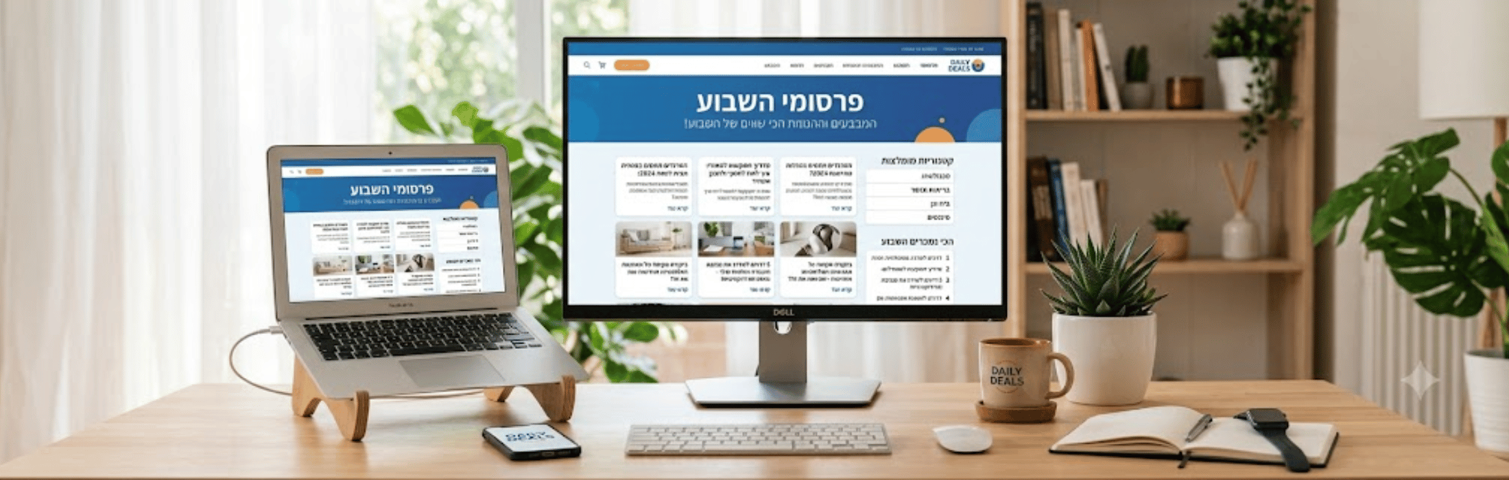 Home office desk with a laptop on a wooden stand and a Dell monitor showing a Hebrew website, plus keyboard, mouse, mug, notebook, and plants.