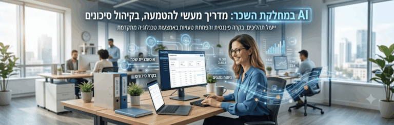 Office scene with a woman at a desk using a monitor and laptop, surrounded by holographic data graphics and colleagues in the background; a tech/AI themed office setting.