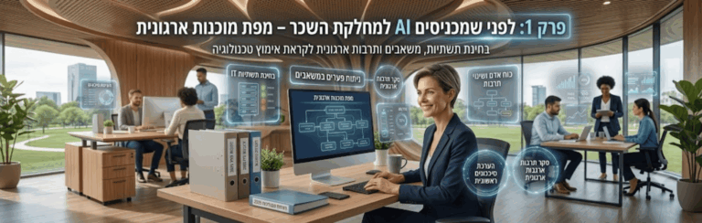 Open-plan office with professionals at desks and glowing holographic data panels about AI and analytics floating in the air.