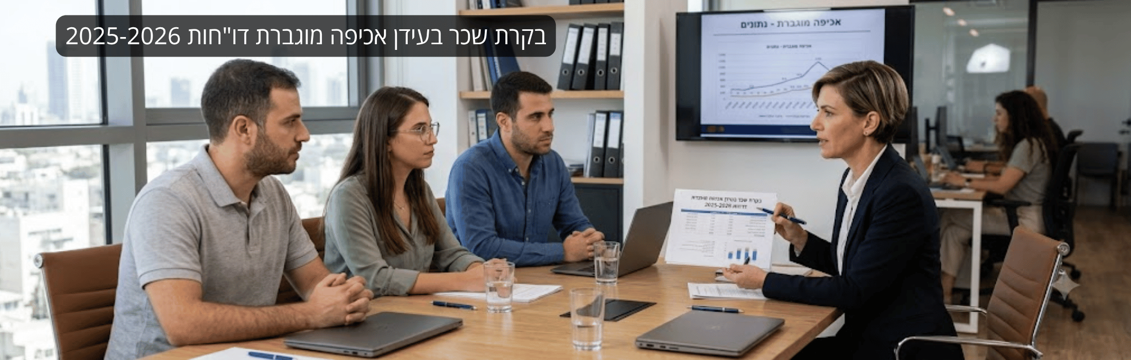 Four colleagues sit at a conference table as a presenter in a dark blazer explains a chart on paper, with a laptop and documents nearby and a windowed office in the background, a Hebrew banner spans the top edge of the image.