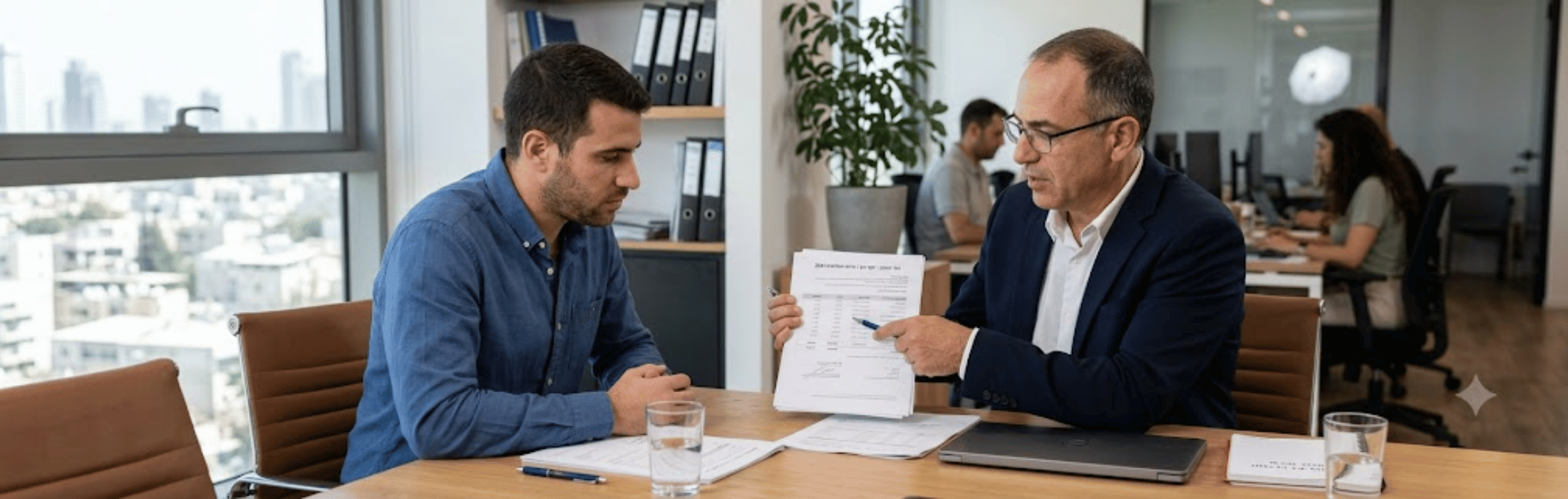 Two men in a business meeting review documents at a conference table in a modern office, with teammates in the background.