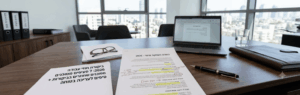 Office desk with documents, eyeglasses, a pen, and a laptop on a wooden table near a city view