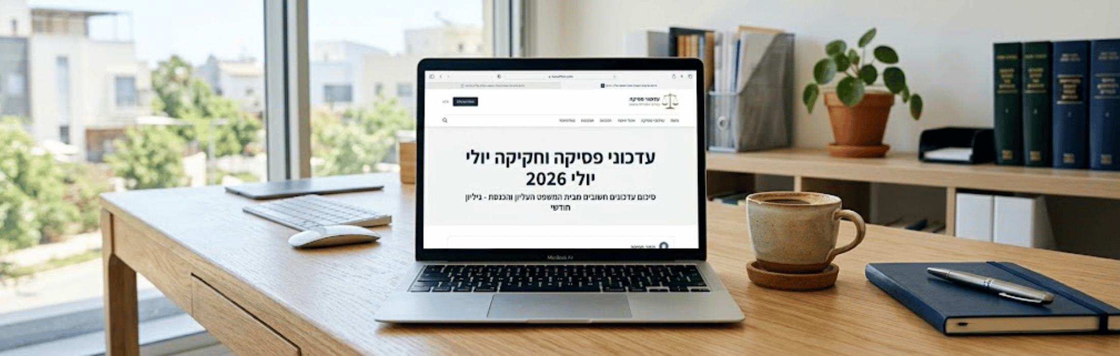MacBook on a wooden desk in a bright home office with a coffee mug, notebook, and plant; laptop displays a Hebrew news article.