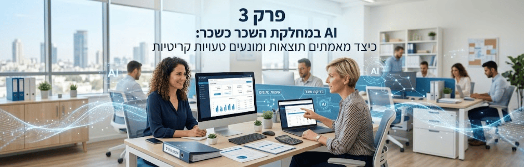 Open-plan office scene with coworkers at desks, two women in foreground looking at monitors, AI graphics overlay and Hebrew text above.